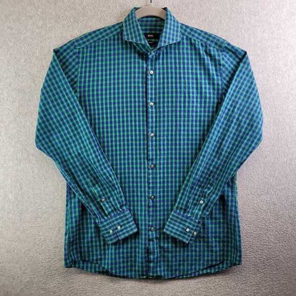 Hugo Boss Other - Hugo Boss Shirt Mens 15 3/4 40 Blue Green Gingham Plaid Dwayne Collar Stays